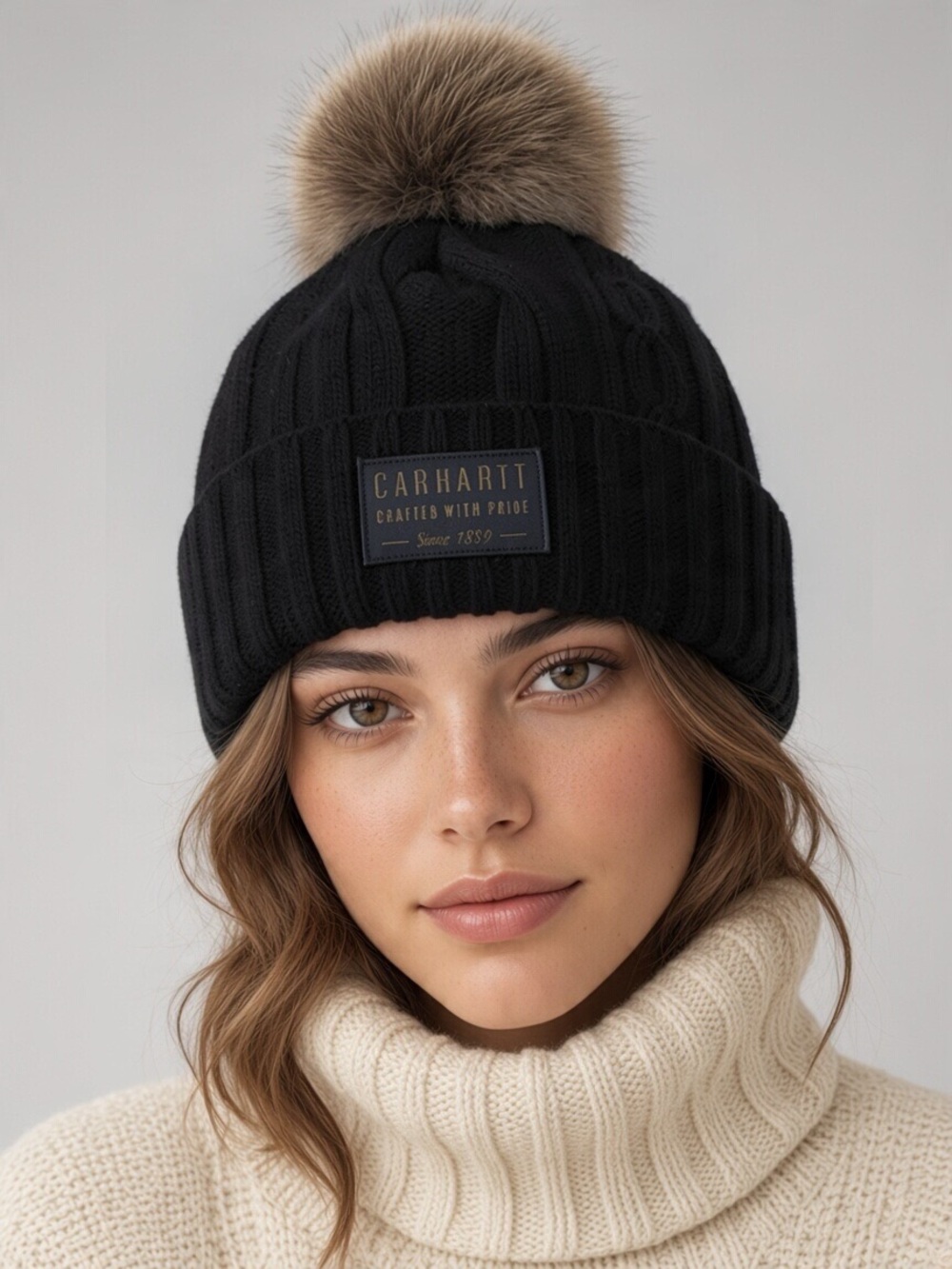 Carhartt Women’s Black Cable Knit Pom Pom Beanie Hat Winter Hat One Size